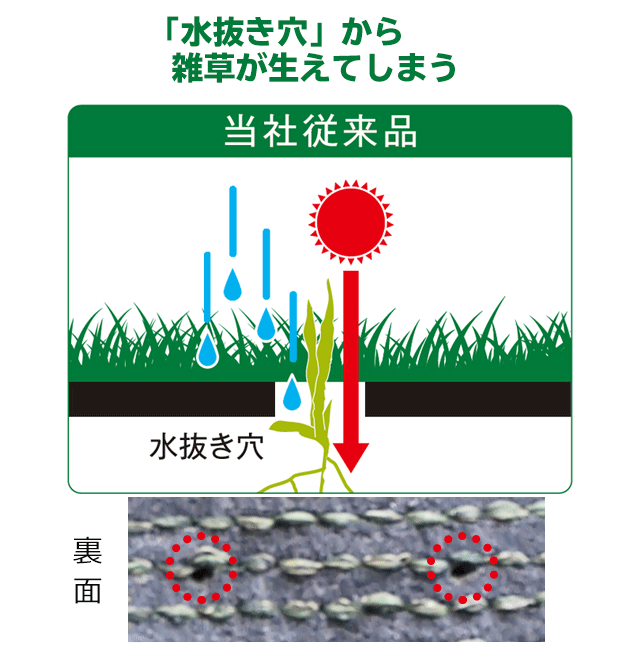 従来品は水抜き穴から雑草が生えてしまう